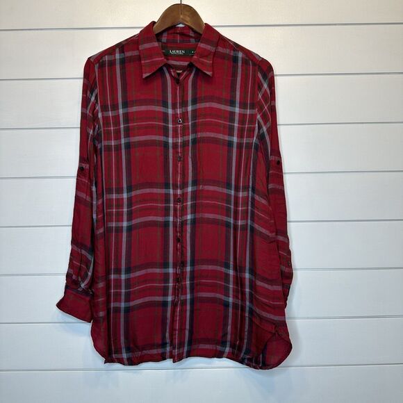 Women's Ralph Lauren Medium Tunic Button Up Top Red Plaid Viscose Flannel Shirt - Picture 2 of 11